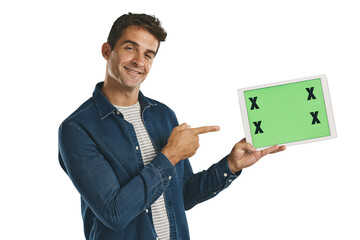Portrait, tablet and man pointing at green screen, smile and mockup space isolated on a transparent png background. Technology, chroma key and person show marketing, social media or tracking markers
