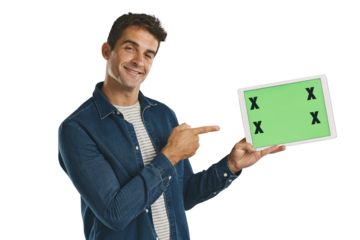Portrait, tablet and man pointing at green screen, smile and mockup space isolated on a transparent png background. Technology, chroma key and person show marketing, social media or tracking markers