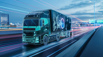 Smart transportation concept with semi-truck and holographic display - obrazy, fototapety, plakaty