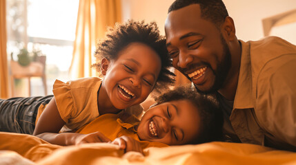 Parents and child in a candid moment, laughter filling the air, warm tones - obrazy, fototapety, plakaty