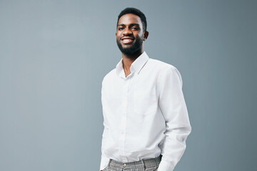 Obraz premium shirt man happy african white space smile american young copy studio positive standing