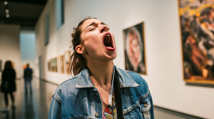 Woman yawning in art gallery, signaling boredom or fatigue amidst cultural setting - obrazy, fototapety, plakaty