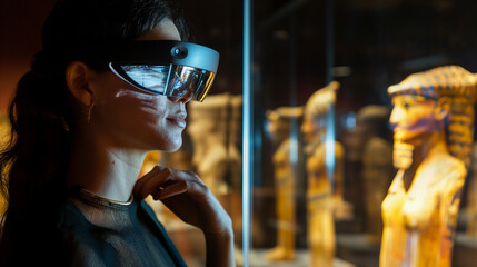 Woman with augmented reality glasses at a museum exhibit, ancient artifacts brought to life with digital overlay