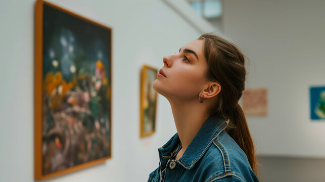 Focused woman contemplating a painting in an art gallery, embodying the connection between art and viewer