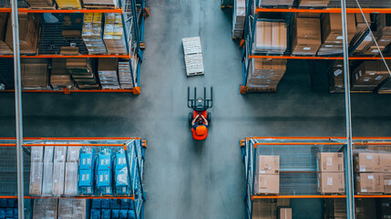 Overhead view of a warehouse worker using a pallet jack, creating a pattern with the lines of stocked shelves and goods