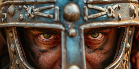 Close-up of a warrior's intense eyes peering through the visor of a decorated helmet, with the focus on the determination in his gaze - obrazy, fototapety, plakaty
