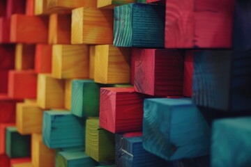 Spectrum of stacked multi-colored wooden blocks. Background or cover for something creative, diverse, expanding, rising or growing. Shallow depth of field.