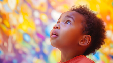 Young child in a museum looking up in wonder at colorful artwork, the innocence of discovery - obrazy, fototapety, plakaty