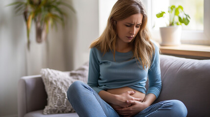 Young woman experiencing stomach pain, clutching her abdomen, with a pained expression suggesting discomfort or illness, in a home setting with minimalistic decor