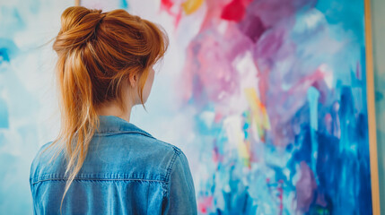Redhead standing at a canvas painting her future, bright pastel studio