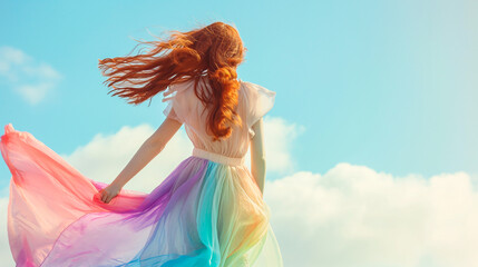 Young redhead showcasing a bold dance move, her pastel rainbow dress fluttering, set against a pastel sky backdrop, symbolizing freedom and the breaking of conventions