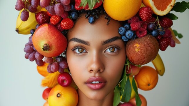 A beautiful female face with exotic fruits in the form of allocating beauty advertising photography Using white background objects