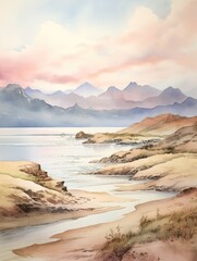 Muted Watercolor Mountain Ranges: Serene Coastal Mountains Beach Scene 

OR

Serene Coastal Mountains: Muted Watercolor Mountain Ranges Beach Scene Painting