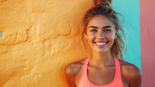 Picture of a beautiful young woman with a good figure Wear fitness clothes and do aerobic exercise. Happy smile with fitness and sports motivation concept.