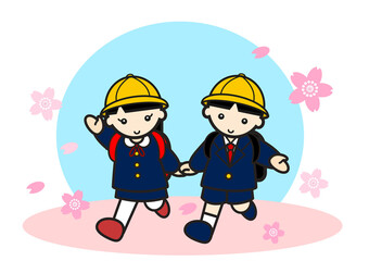 桜の中を歩く小学生の男の子と女の子