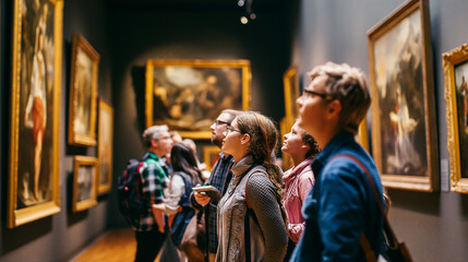 Group of friends on a guided museum tour, marveling at a grand masterpiece