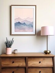 Muted Watercolor Mountain Ranges Landscape Print with Pastel Peak Frame