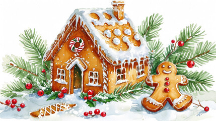 Beautiful watercolor painting of gingerbread house. Perfect for holiday-themed designs and festive decorations