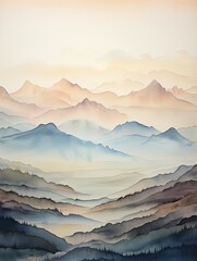 Muted Watercolor Mountain Ranges Lakeview: A Serene Perspective of Mountains and Waters Grounding