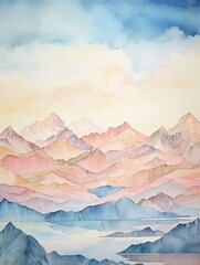 Muted Watercolor Mountain Ranges Lakeview: Serene Beauty by the Waterside