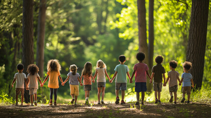 Group of children from various backgrounds, hand in hand, traversing through the woodland area, depicting harmony and natural splendor.