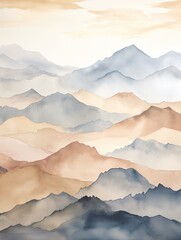 Muted Watercolor Mountain Ranges: A Famed National Park Artistry and Print