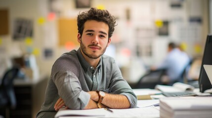A confident young man with a friendly demeanor sits at his office desk, with a busy work environment in the background.
