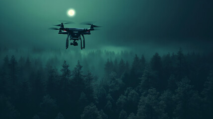 Drone with thermal imaging camera flying over a forest at night, with the camera's glow and the moon providing illumination - obrazy, fototapety, plakaty