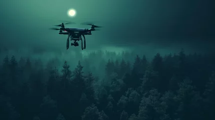 Tuinposter Drone with thermal imaging camera flying over a forest at night, with the camera's glow and the moon providing illumination © XaMaps