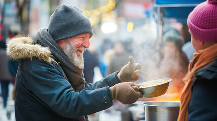Volunteer serving hot soup to a grateful homeless man on a cold day, capturing a moment of compassion in the city
