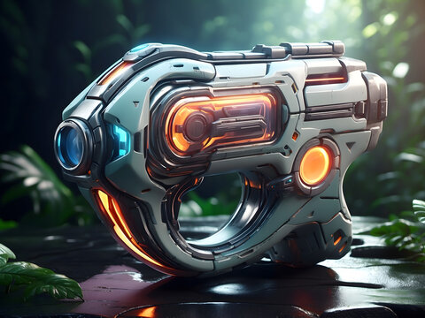 Generic futuristic video game-style weapon for shooter online games concepts, mixed digital 3d illustration design and matte painting design.
