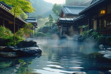 Japanese onsen ryokan. Japanese open-air baths using hot water from geothermally heated springs. Tradaitonal style architecture ryokan