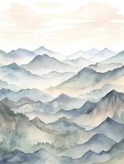 Muted Watercolor Mountain Ranges Plateau Art Print: Elevated Scenes of Tranquil Beauty