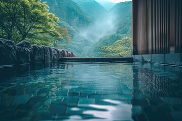 Japanese onsen ryokan. Japanese open-air baths using hot water from geothermally heated springs. Tradaitonal style architecture ryokan