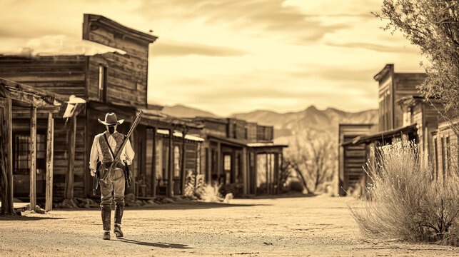 A vintage sepia-toned photo of a lone cowboy with a rifle, walking through a deserted ghost town with tumbleweeds