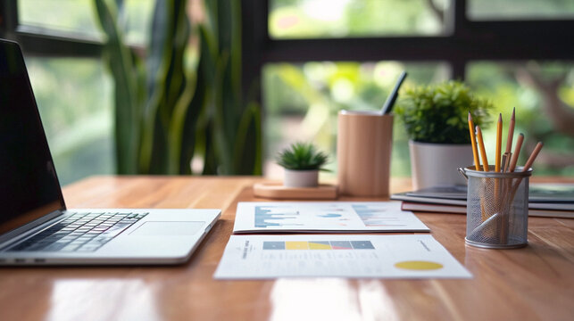 laptop on table in cafe. Business photo composition, simple business background. Generative AI