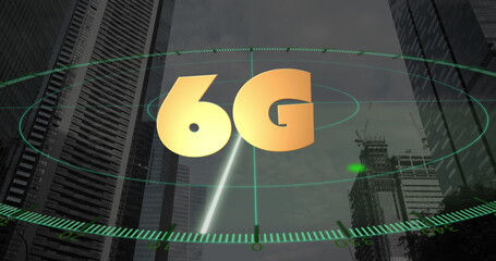 Image of 6g text and computer data processing over cityscape