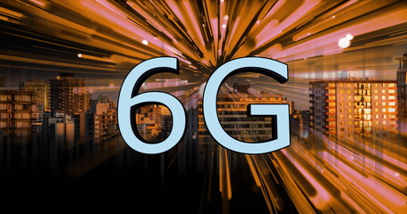 Image of 6g text, cityscape and computer data processing