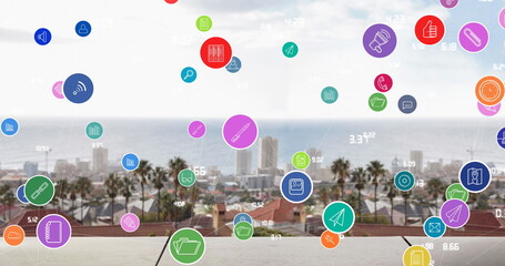 Image of social media icons, cityscape and connections