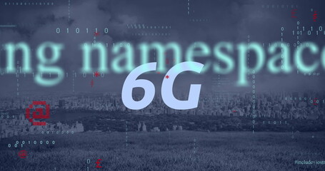 Image of 6g text, cityscape and connections