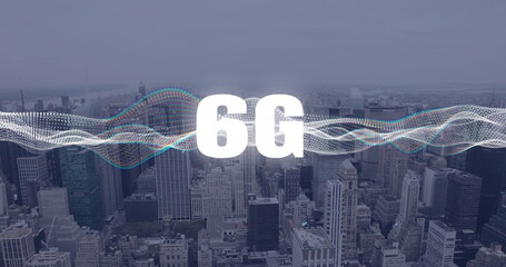Image of 6g text, cityscape and connections