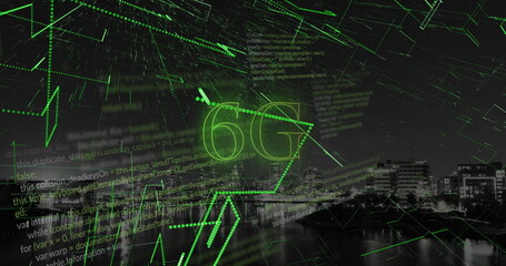 Image of 6g text, cityscape and data processing