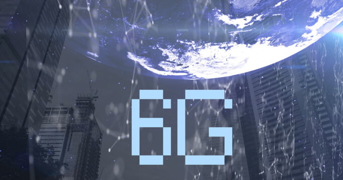 Image of 6g text, globe and computer data processing