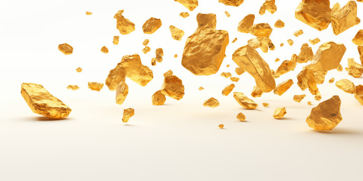 Falling pieces of gold ore on White background. Generative AI