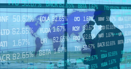 Image of data processing over businessman using smartphone