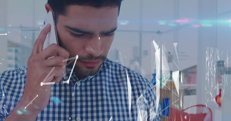 Image of digital interface with network of connections and data processing over man talking on smart