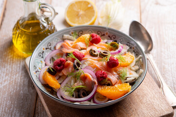 fesh salad with salmon fennel raspberry and orange - 737011962