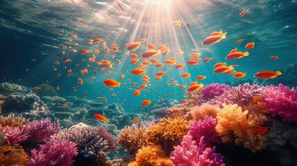 Fototapeta na wymiar Vibrant underwater seascape with tropical fish swimming around a sunlit coral reef, showcasing marine biodiversity.