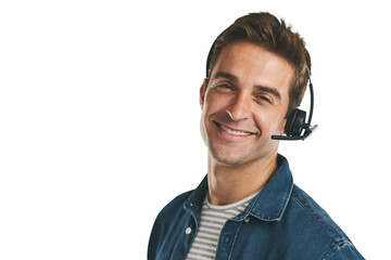 Man, portrait and headset for telemarketing conversation or customer service, support or...
