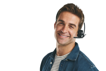 Man, portrait and headset for telemarketing conversation or customer service, support or assistance. Male person, face and confidence or isolated transparent png background, call center or contact us